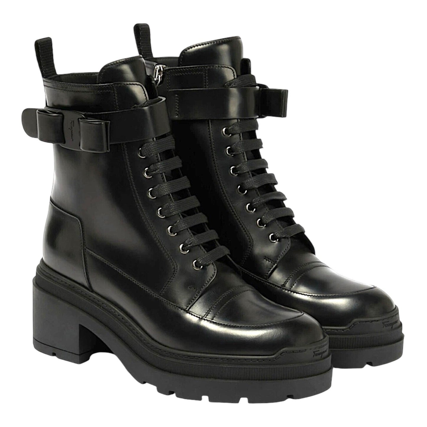 Salvatore Ferragamo Vara bow Lace Up Leather Combat Boots Black Size 9.5