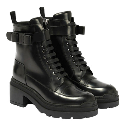 Salvatore Ferragamo Vara bow Lace Up Leather Combat Boots Black Size 9.5