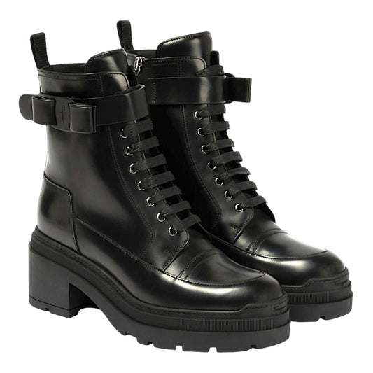 Salvatore Ferragamo Vara bow Lace Up Leather Combat Boots Black Size 9.5