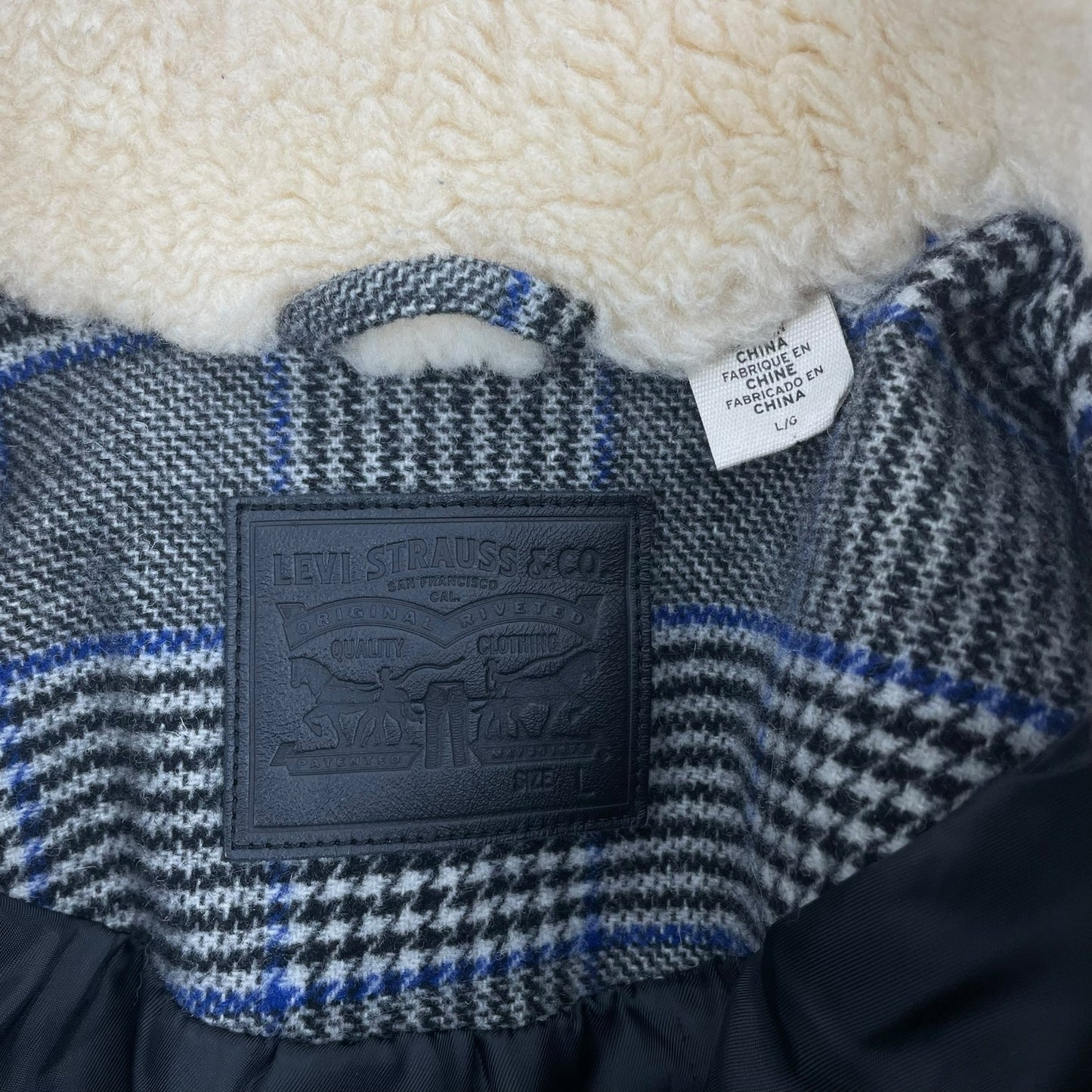 Levi's Amaya Wool Blend Houndstooth Plaid Coat Faux Fur Gray Blue Size L