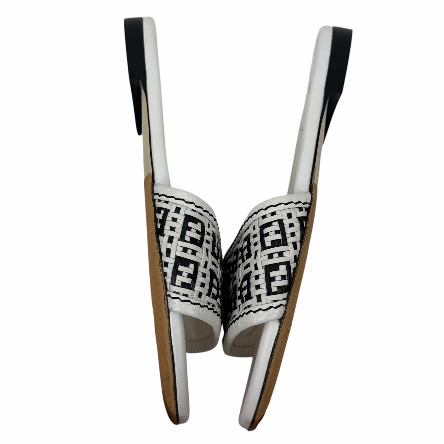 Fendi Rafia Weave Logo Leather Slide Sandal White Black Size 38.5
