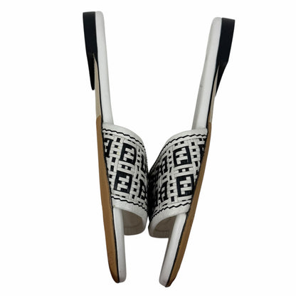 Fendi Rafia Weave Logo Leather Slide Sandal White Black Size 38.5