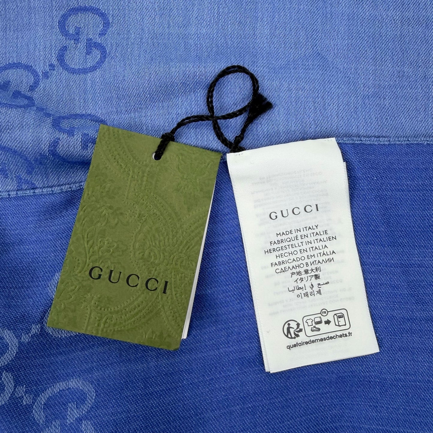 Gucci Wool Silk GG Monogram Light Jacquard Scarf Two Tone Blue