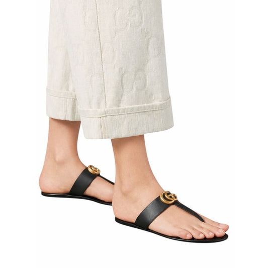Gucci Black Leather Thong Sandal Gold Double G Logo Size 36.5