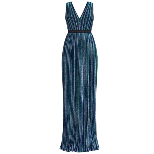 BCBGMaxAzria Metallic Striped Pleated Evening Gown Green Blue Size XXS