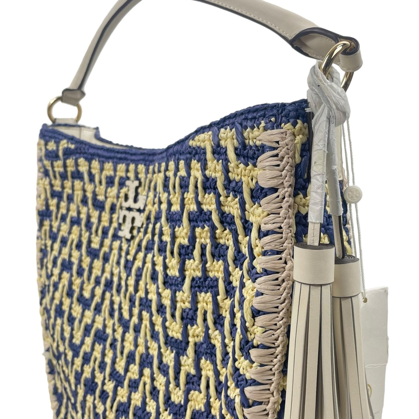 Tory Burch Thea Straw Bucket Shoulder Bag Natural White Blue