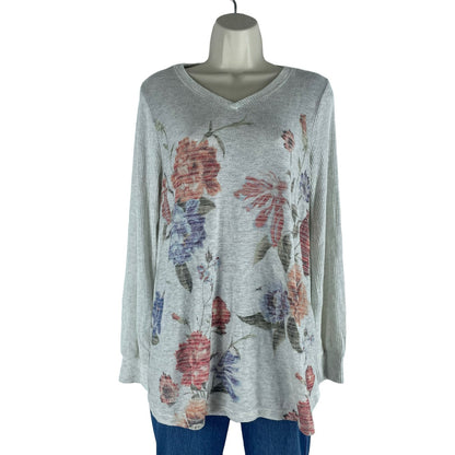 Soft Surroundings Floral Printed Ribbed Knit V Neck Pullover Top Size M