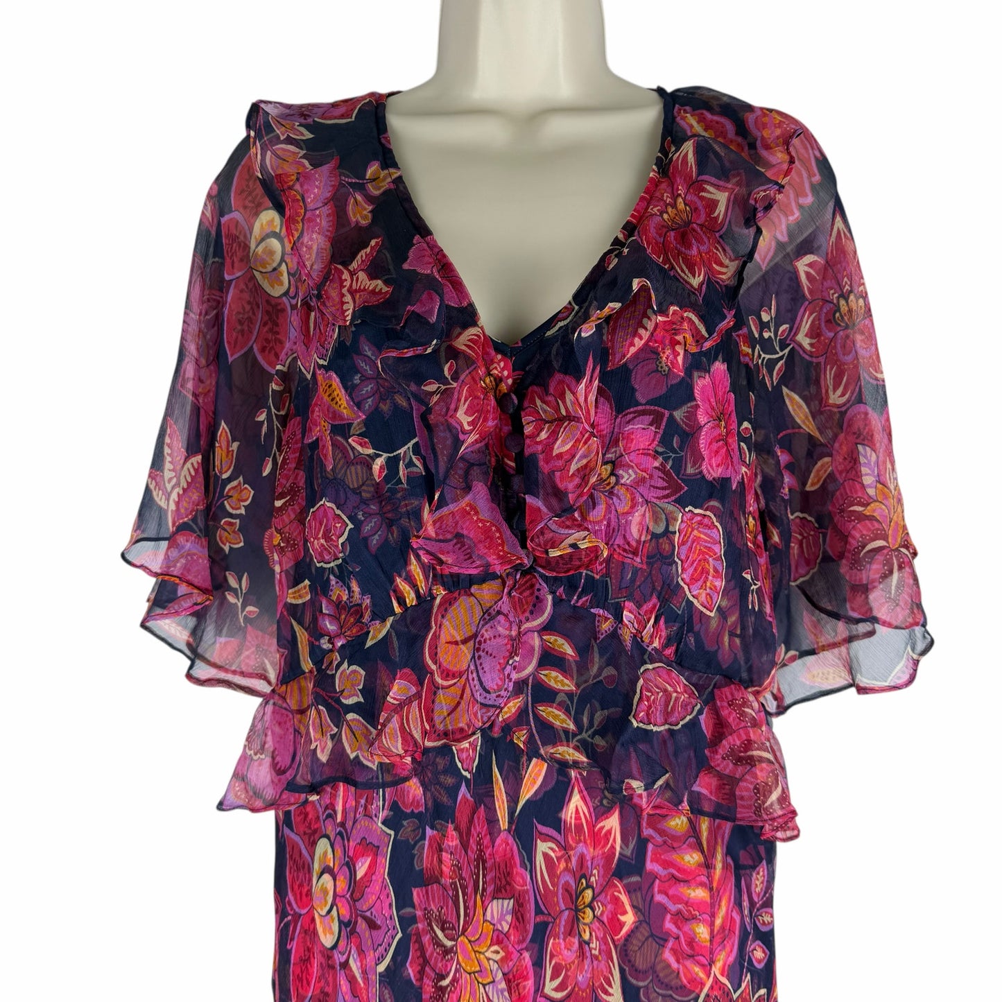 Johnny Was Jade Luxee Floral Silk Ruffle Maxi Dress Petria Pink Size XS