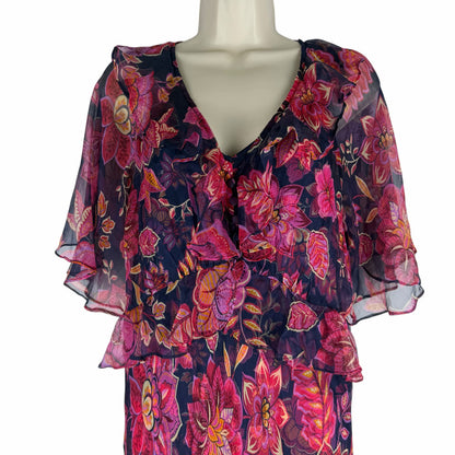Johnny Was Jade Luxee Floral Silk Ruffle Maxi Dress Petria Pink Size XS