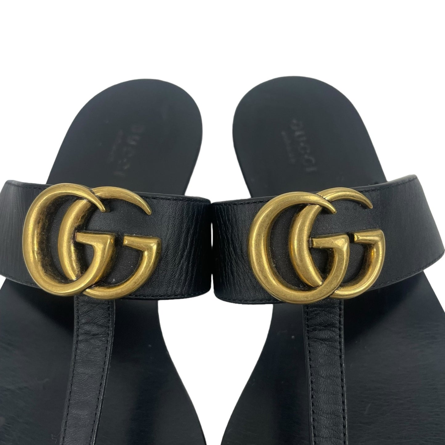 Gucci Leather Thong Sandals with Double G Logo Black Gold Size 37.5