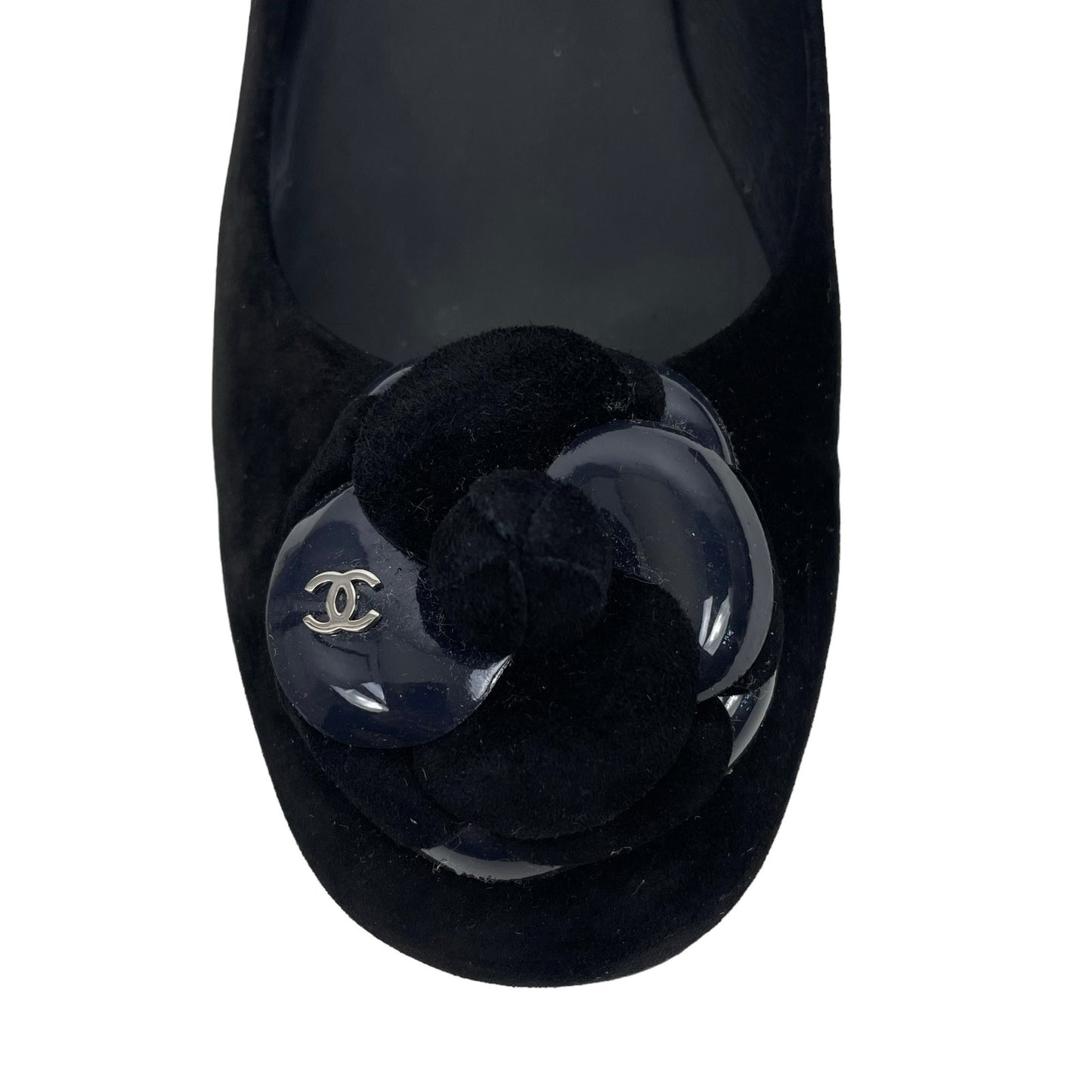 Chanel Black Suede Camellia CC Logo Ballet Flats Slip On Size 38C