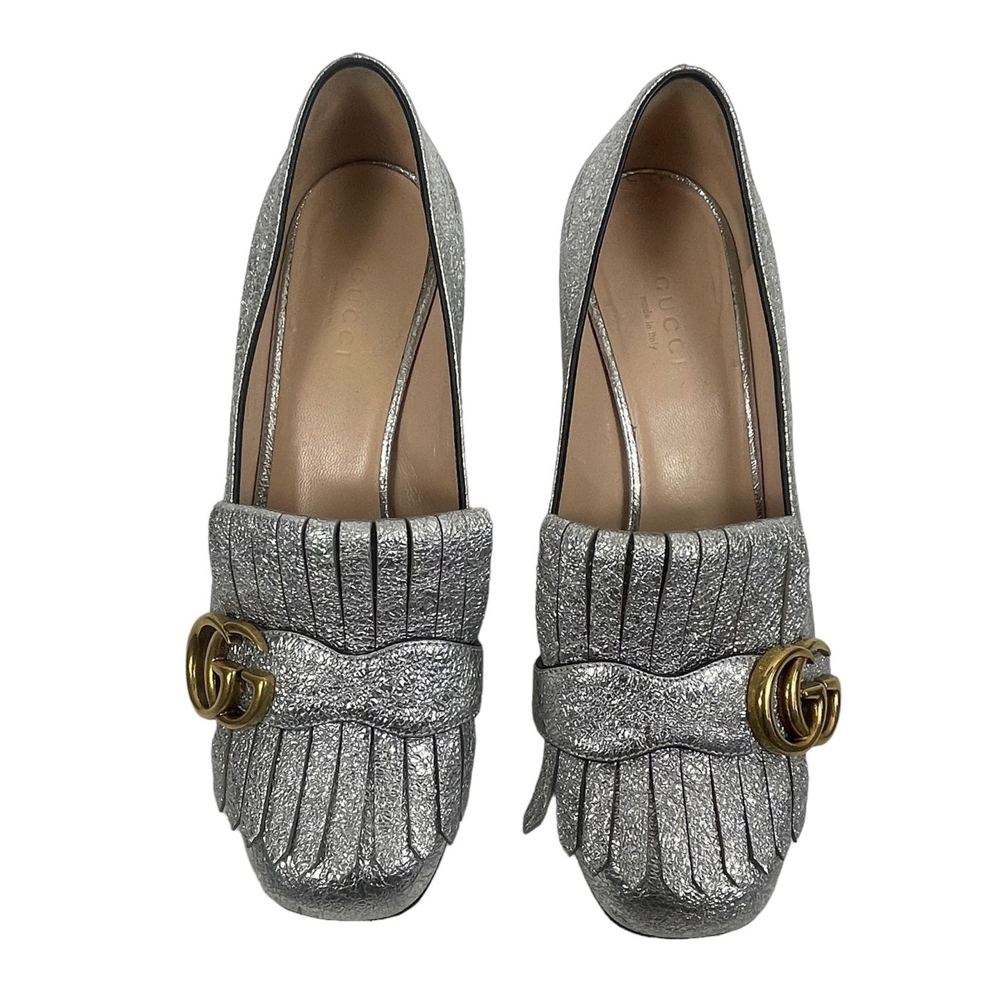 Gucci GG Marmont Pumps Silver Foil Kiltie Logo Low Block Heel Size 36