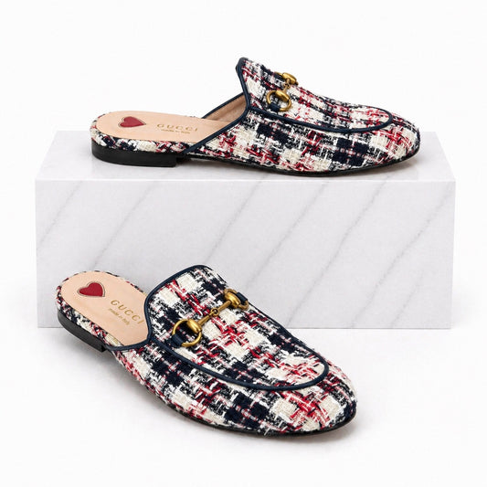 Gucci Princetown Tweed Mules Horsebit Gardenia Ink Blue Size 36.5