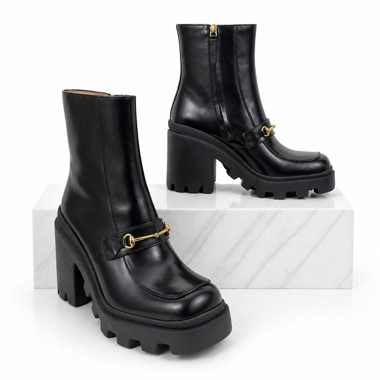 Gucci Magnum Calf Leather Horsebit Lug Sole Boots Black Size 40