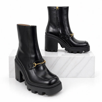 Gucci Magnum Calf Leather Horsebit Lug Sole Boots Black Size 40