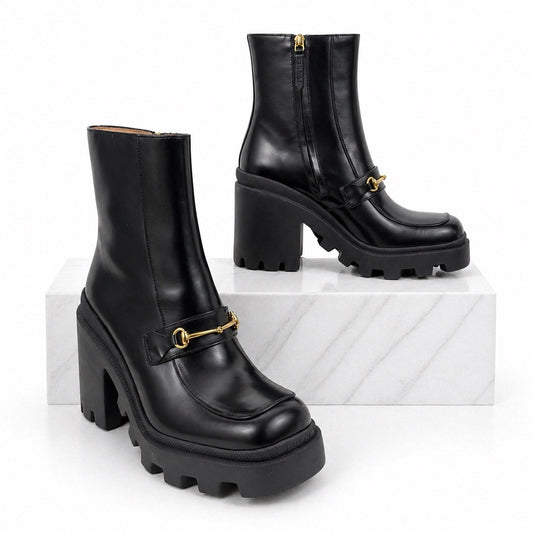 Gucci Magnum Calf Leather Horsebit Lug Sole Boots Black Size 40