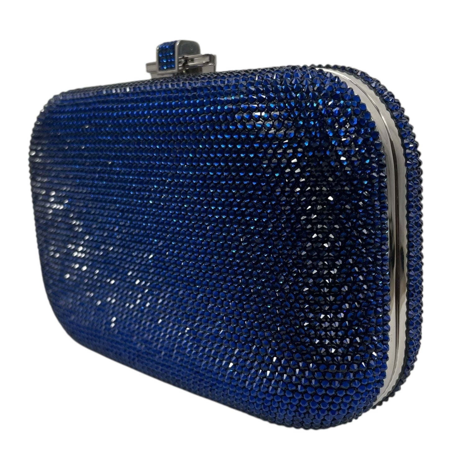 Judith Leiber Crystal Slide Lock Box Minaudiere Clutch Bag Navy Silver
