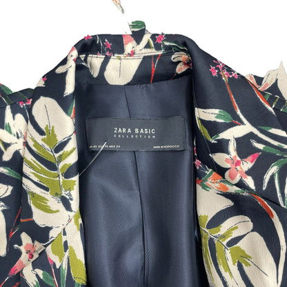 Zara Satin Floral Printed Open Front Long Blazer Jacket Green Size XS