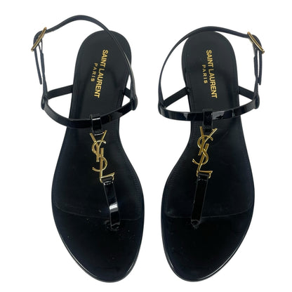 Saint Laurent Cassandra Patent YSL Thong Slide Sandal Black Gold Size 39.5
