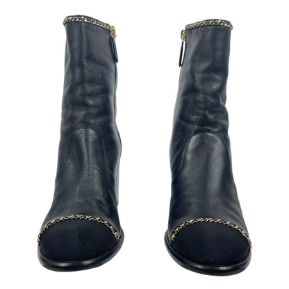 Chanel Coco Mark Logo Cap Toe Chain Short Leather Boots Black Size 39