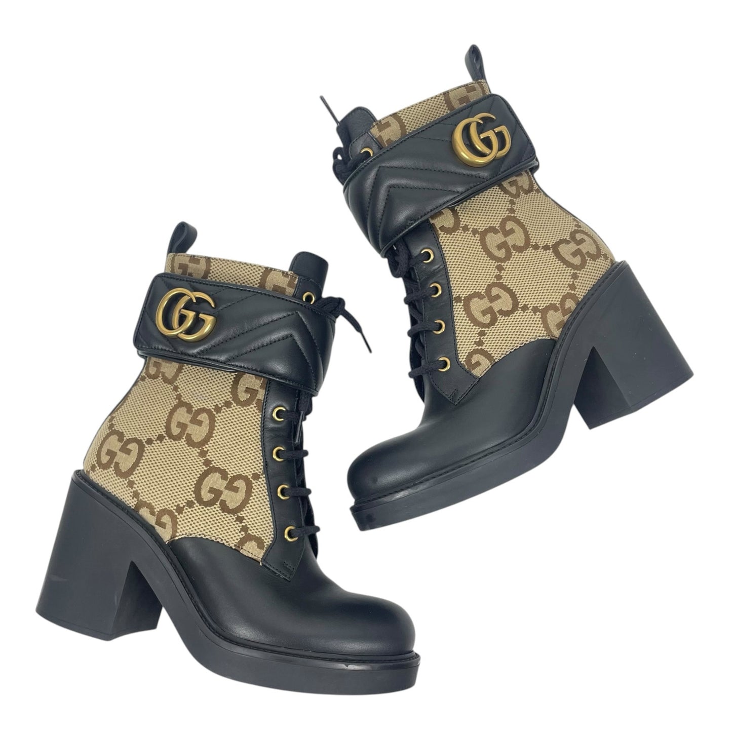Gucci Flores Calfskin Monogram Double GG Ankle Boots Camel Ebony Size 36