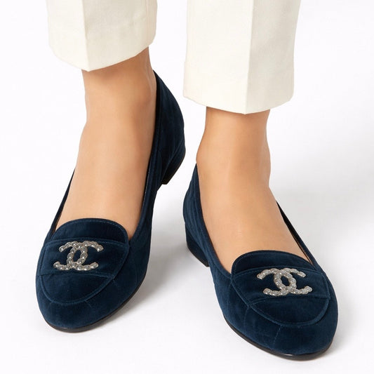 Chanel CC Logo Jeweled Velvet Quilted Slip On Flats Blue Size 39