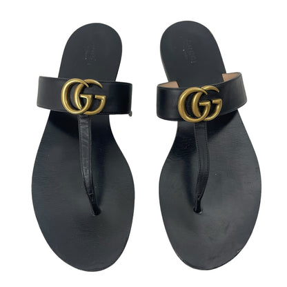 Gucci Leather Thong Sandals with Double G Logo Black Gold Size 41