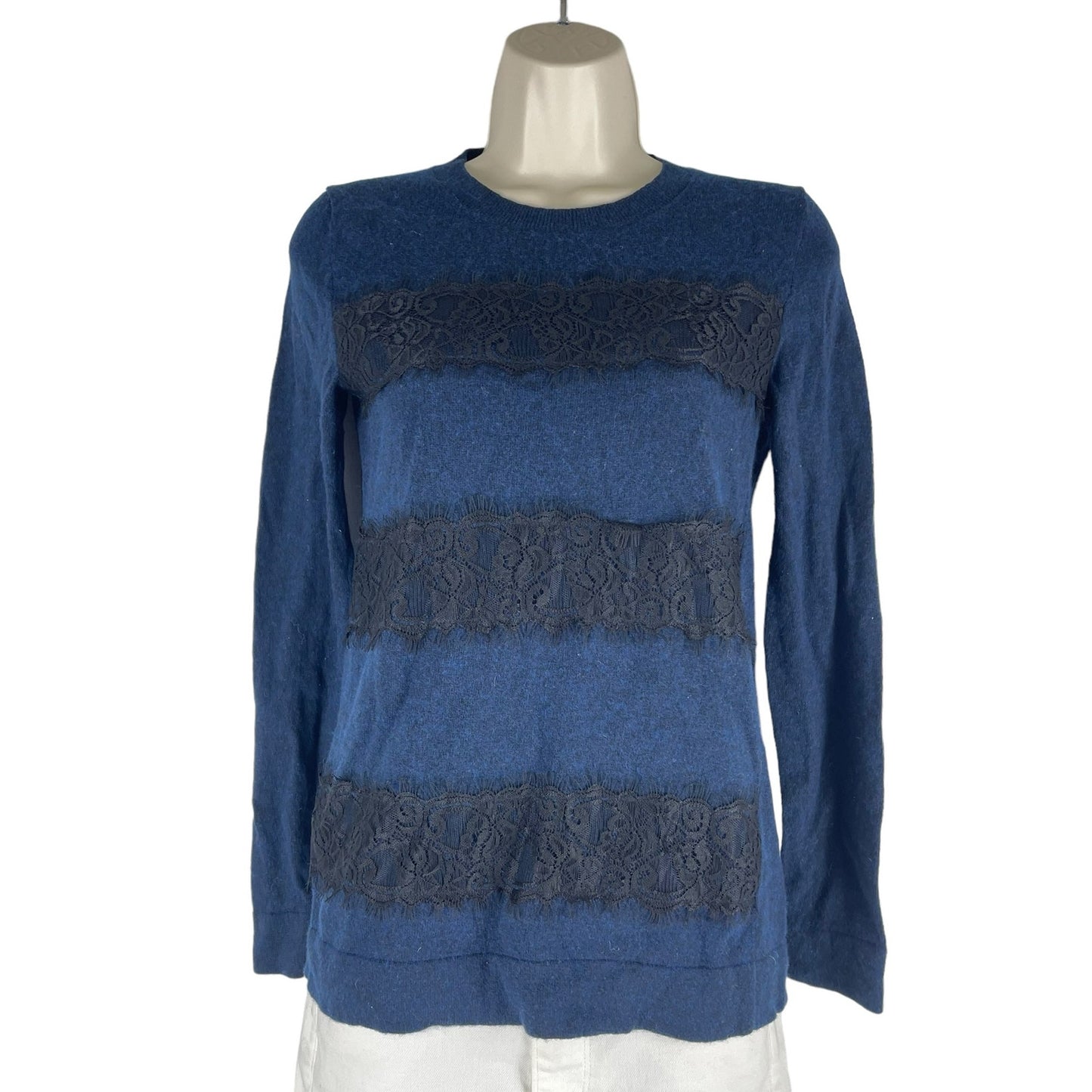 J. Crew Merino Wool Lace Pullover Sweater Crew Neck Blue Size XS