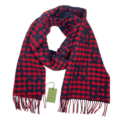 Gucci Diamcheck GG Logo Monogram Wool Jacquard Scarf Red Black 94"x 14"