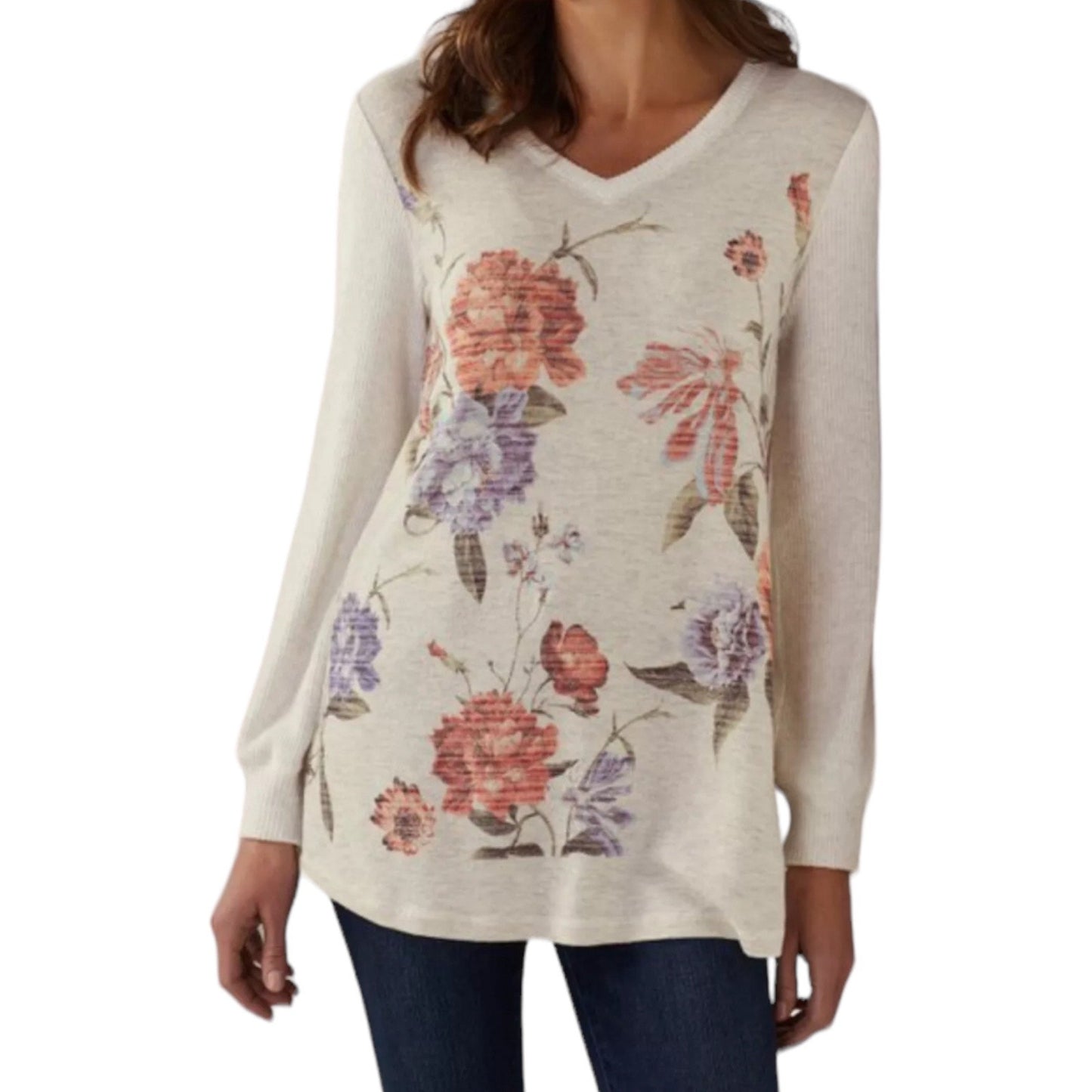 Soft Surroundings Floral Printed Ribbed Knit V Neck Pullover Top Size M