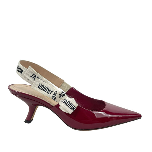 Dior J'Adior Red Patent Leather Pointed Toe Logo Bow Slingback Pumps Size 36.5