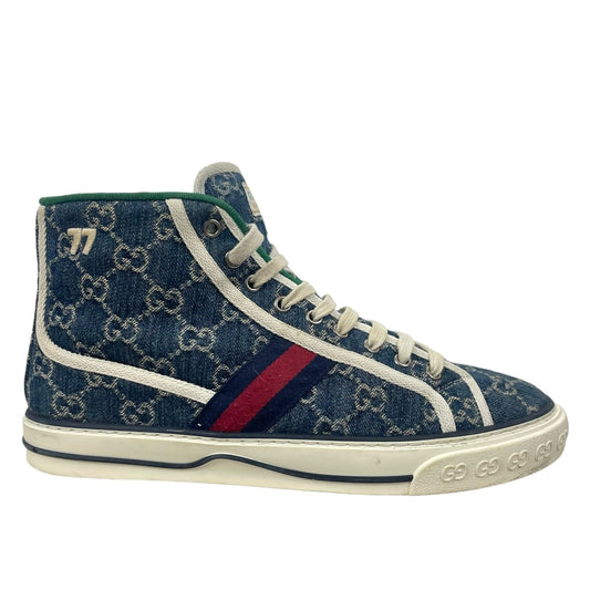 Gucci 1977 Tennis High Top Sneakers GG Monogram Denim Blue Size 8.5/ 9