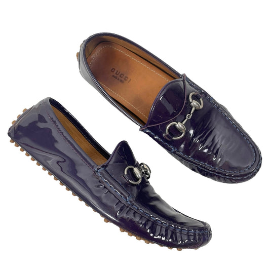 Gucci Patent Leather Horsebit Driver Loafers Slip On Dark Purple Size 39