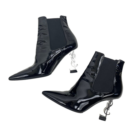 Saint Laurent Opyum Logo Heel Boots Patent Leather Black Size 39