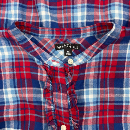 J. Crew Mercantile Flannel Plaid Popover Shirt Top Ruffle Blue Red Size XS