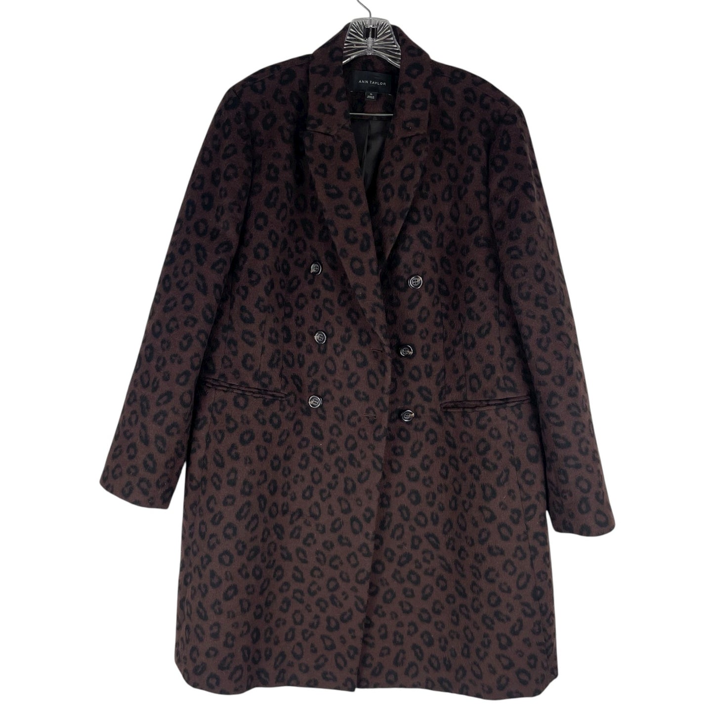 Ann Taylor Wool Blend Chesterfield Coat Brown Cheetah Print Size XL