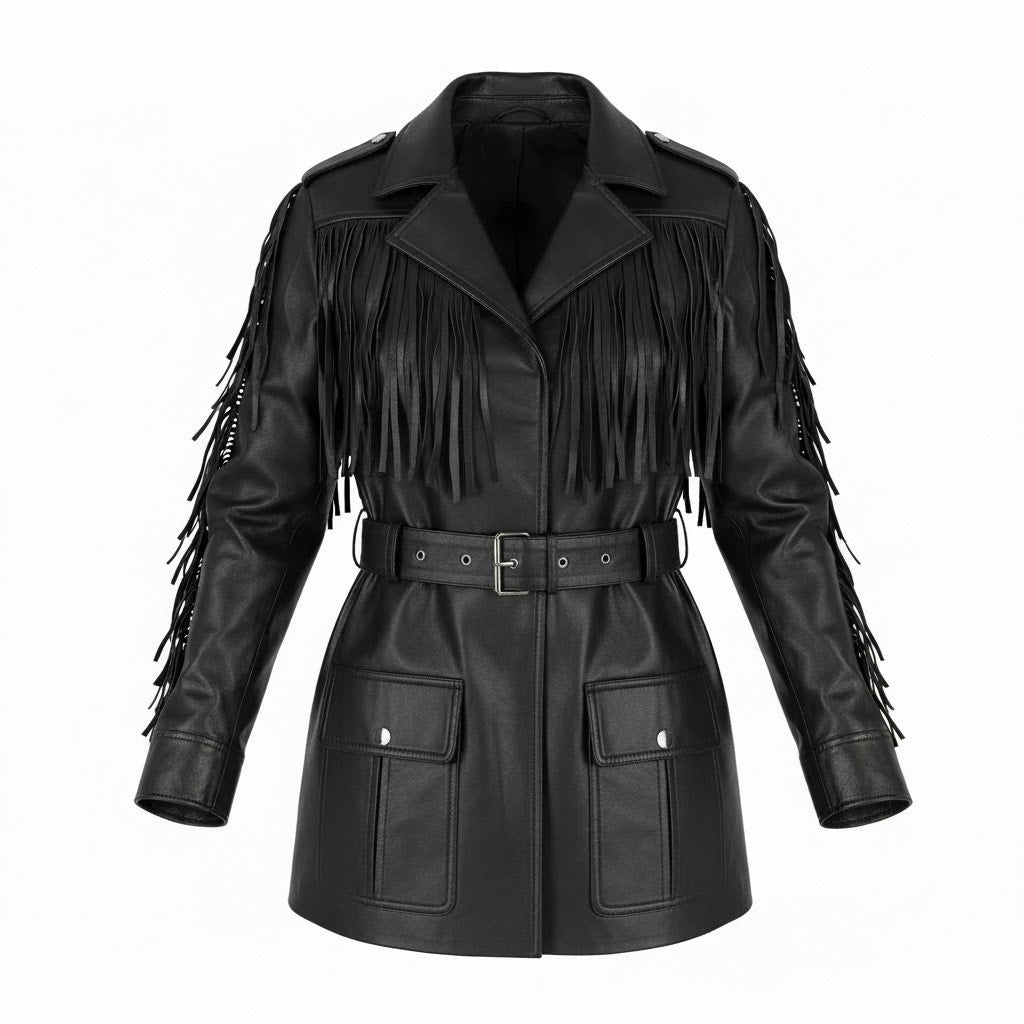 Walter Baker Linda Fringe Belted Lamb Leather Jacket Black Size S
