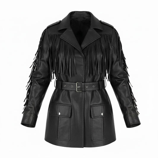 Walter Baker Linda Fringe Belted Lamb Leather Jacket Black Size S