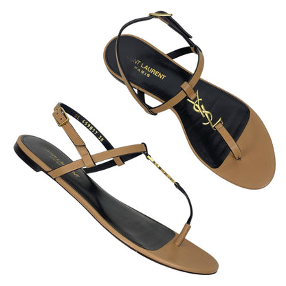 Saint Laurent Cassandra Logo Leather Slingback Thong Sandal Tan Size 38