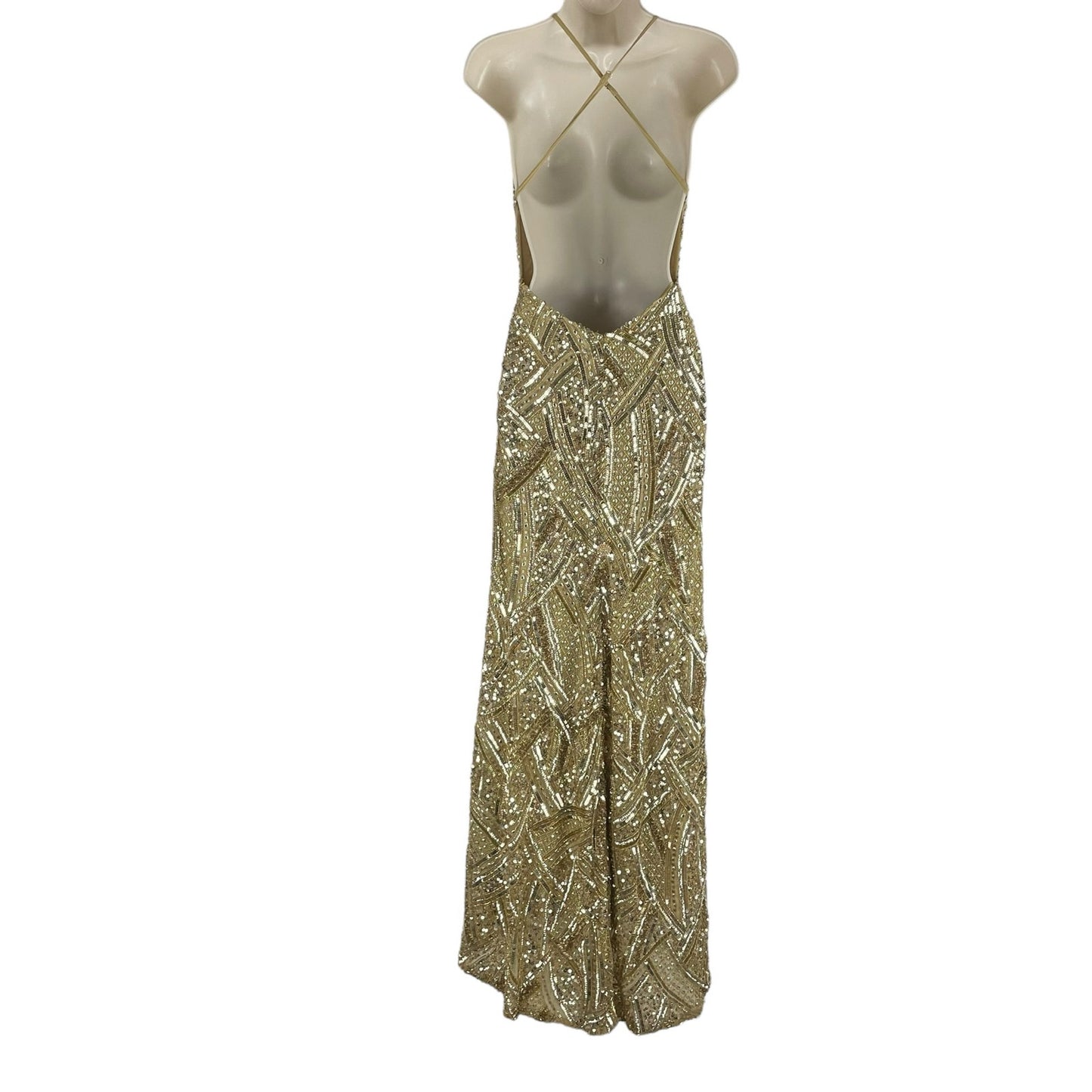 Ashley Lauren Sequin Open Back Evening Gown Formal Dress Gold Size 6