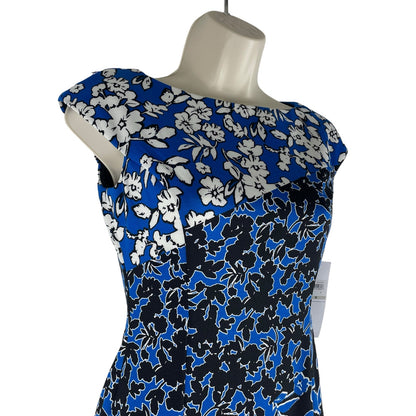London Times Floral Printed Diagonal Sheath Dress Sleeveless Blue Size 0