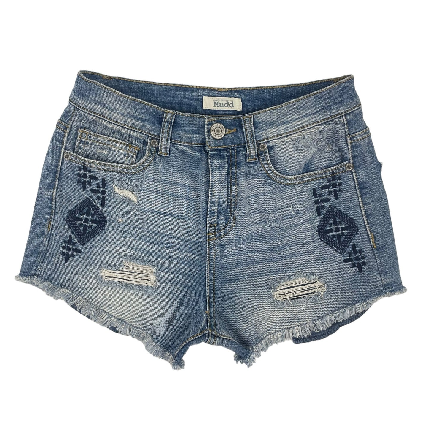 Mudd High Rise Embroidered Fray Hem Denim Shorts Med Wash Girl Size 5