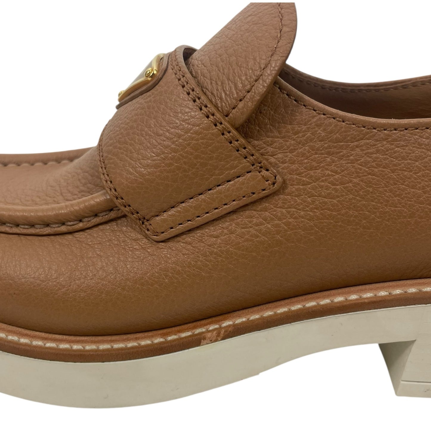 Prada Triangle Logo Pebble Leather Platform Loafer in Brown Size 37.5