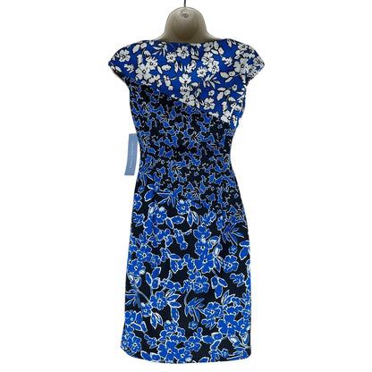 London Times Floral Printed Diagonal Sheath Dress Sleeveless Blue Size 0