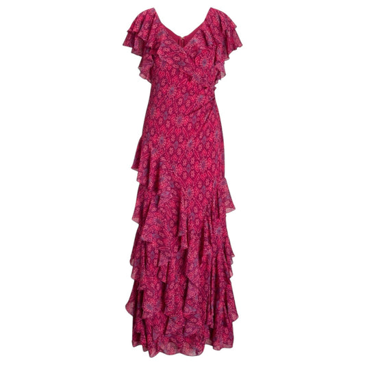 Lauren Ralph Lauren Geo Print Ruffle Trim Georgette Gown Pink Size 10