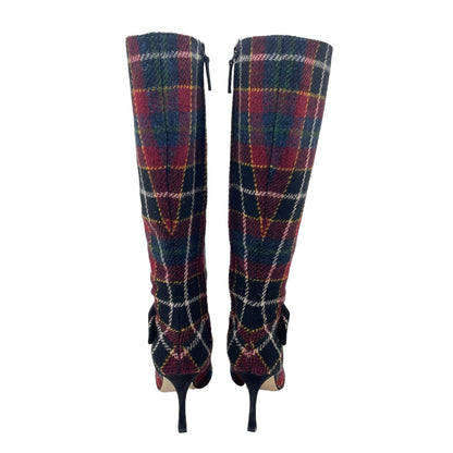 Manolo Blahnik Bayhi Gala Val Check Virgin Wool Knee High Boots Size 37.5