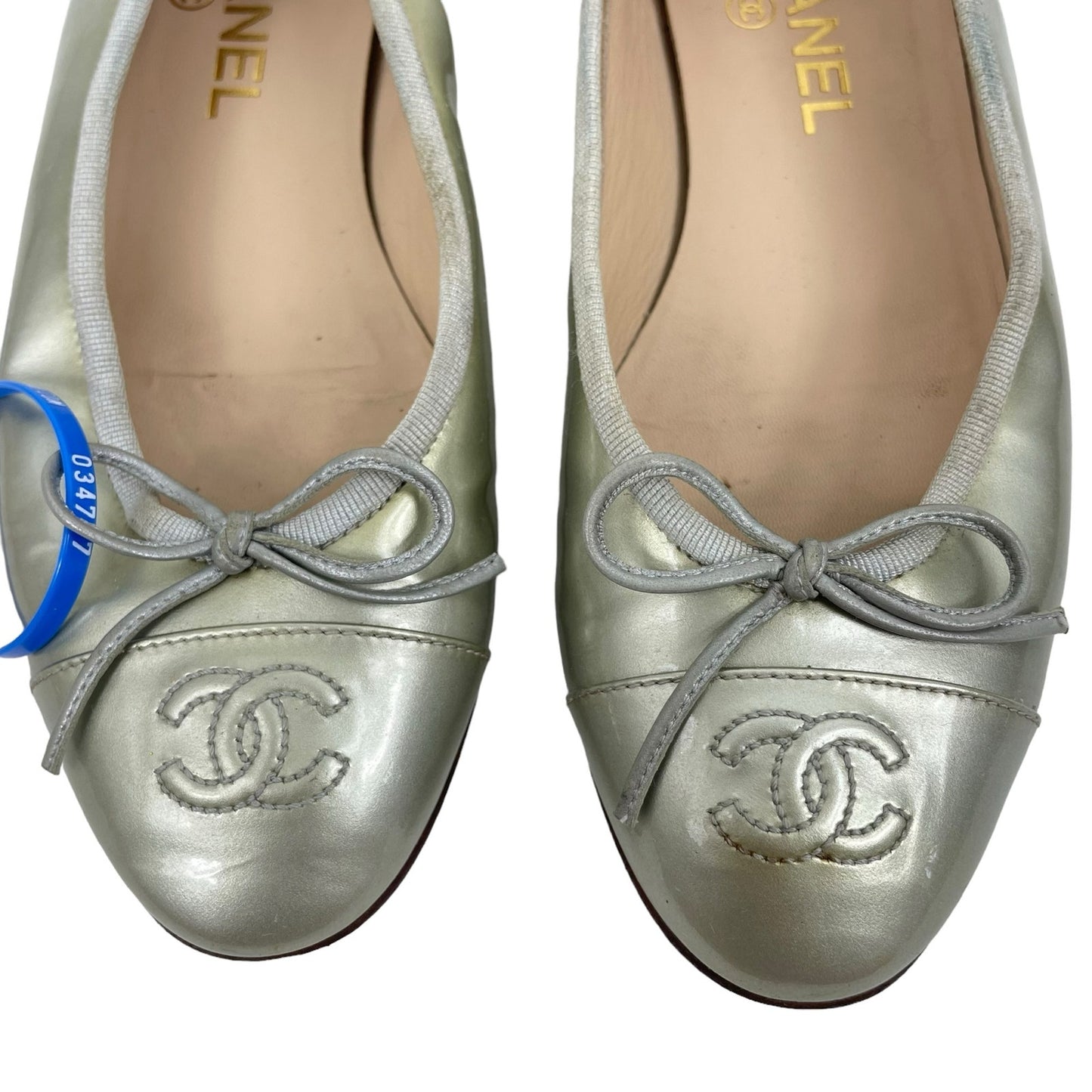 Chanel Cap Toe CC Logo Bow Ballet Flats Patent Leather Light Gold Size 37