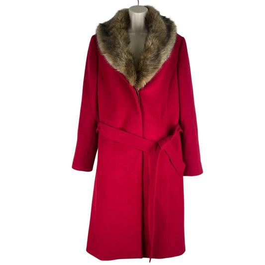 Talbots Wool Blend Belted Long Coat Removable Fur Collar Red Size 6