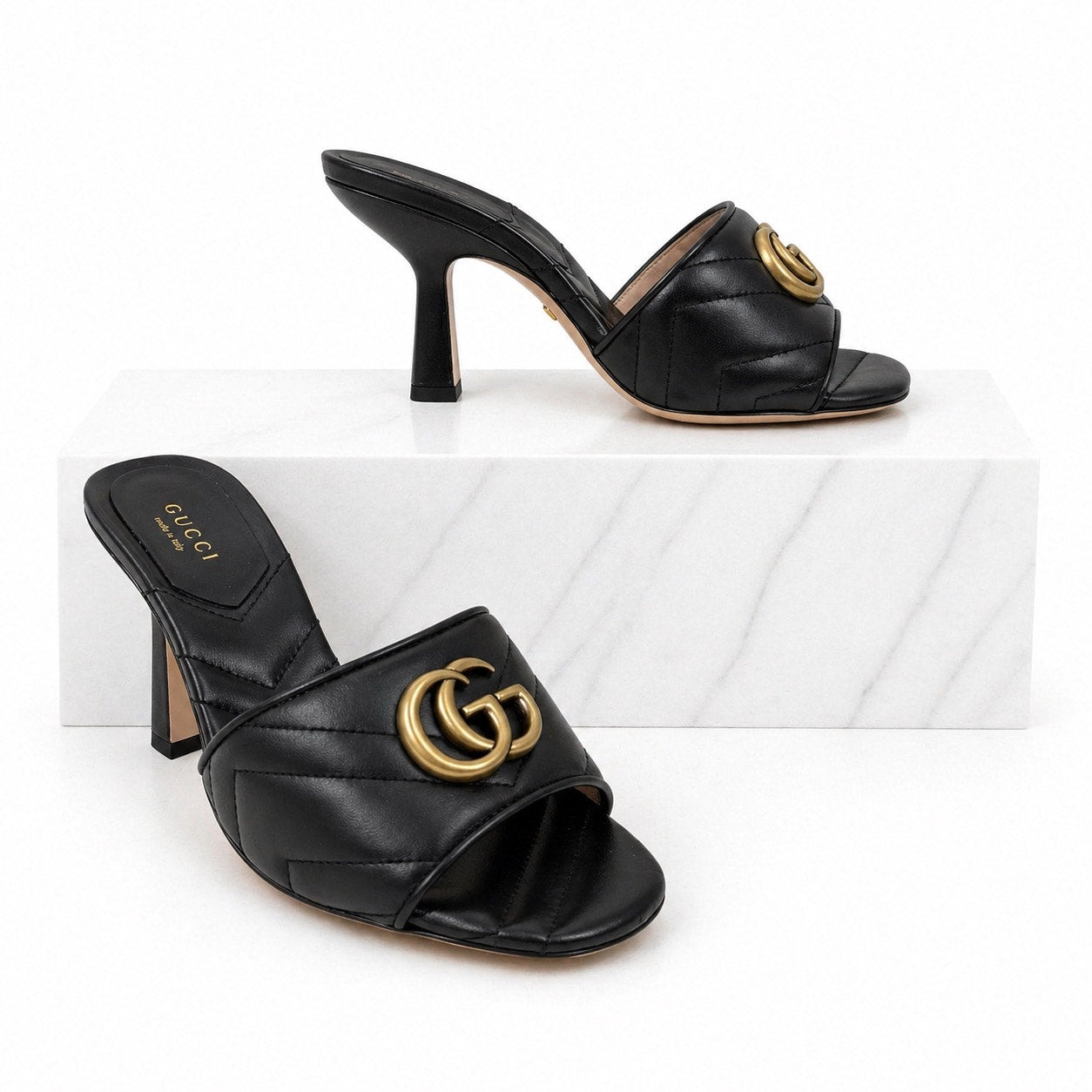 Gucci Nappa Matelasse GG Marmont 75mm Slide Sandal Black Size 37.5