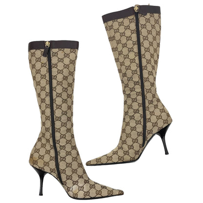 Gucci GG Monogram Pointed Toe Tall Boots Knee High Brown Size 7B